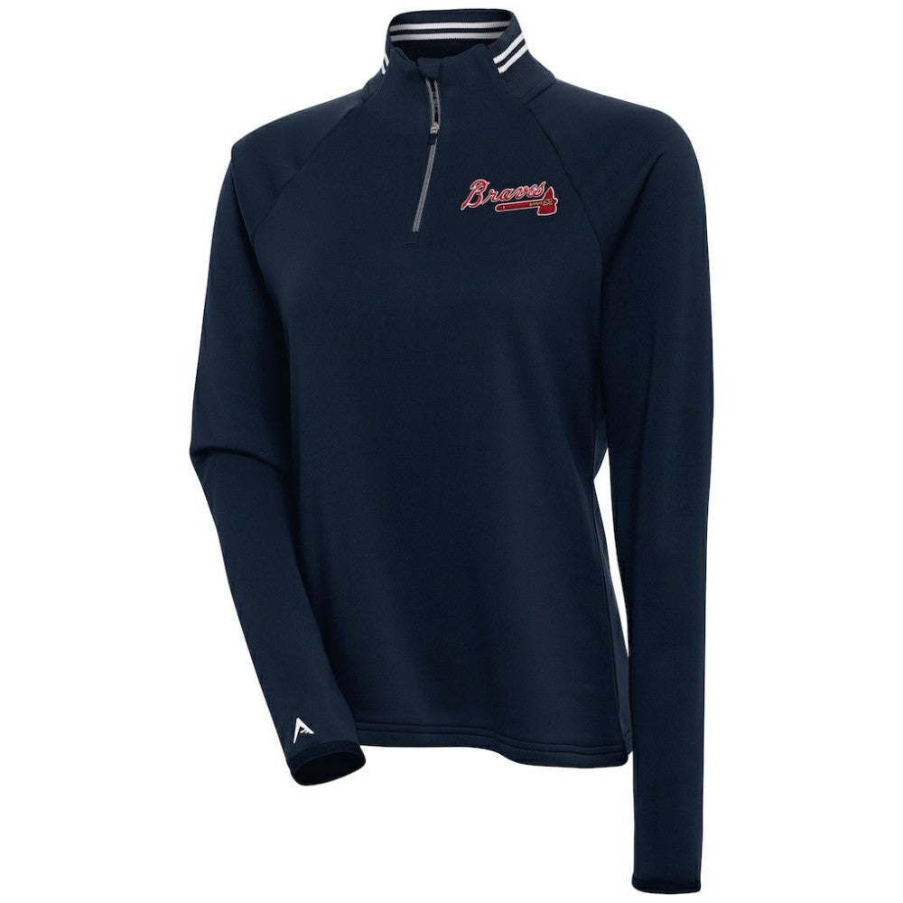 Atlanta Braves Antigua Women's Milo Raglan Quarter-Zip Pullover Top - Navy