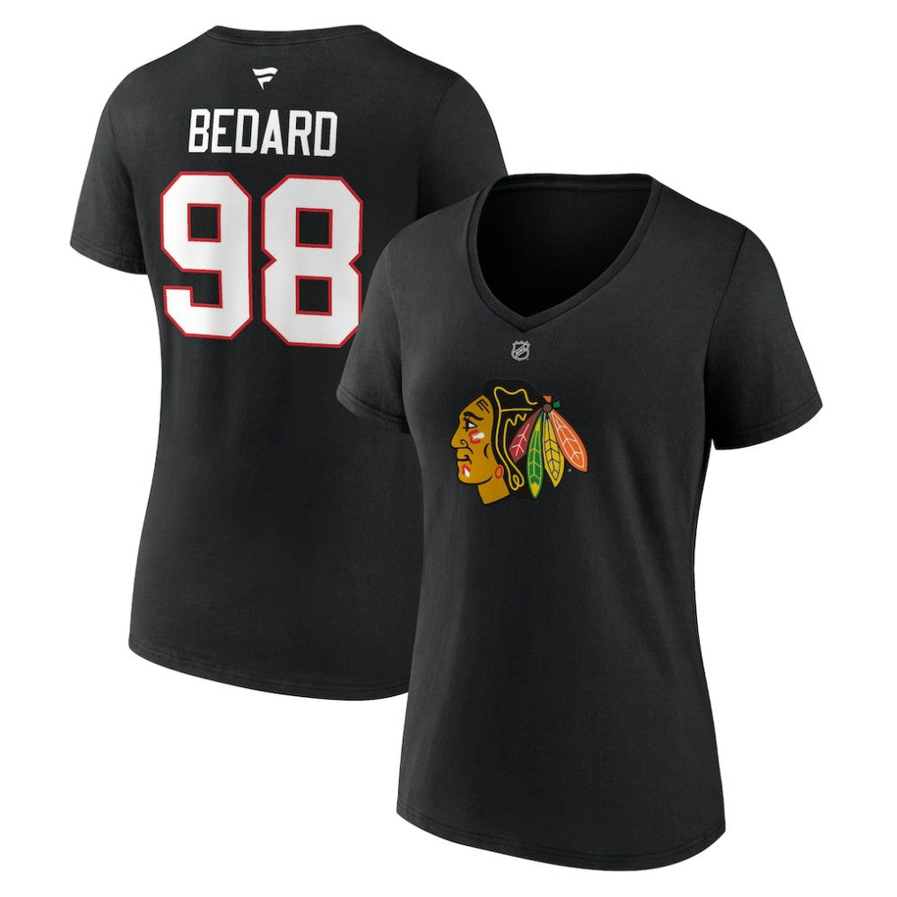 Connor Bedard Chicago Blackhawks Fanatics Women's Authentic Stack Name & Number V-Neck T-Shirt