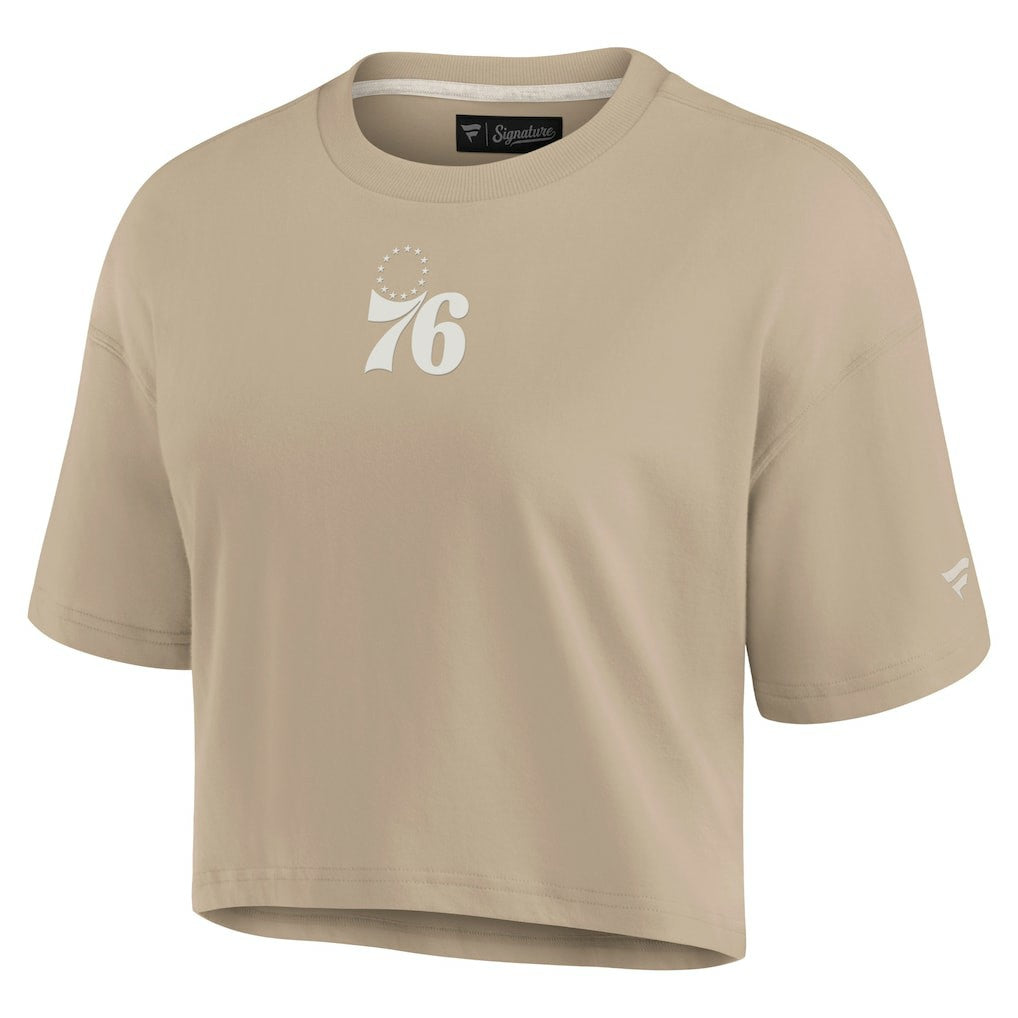 Philadelphia 76ers Women's Elements Super Soft Boxy Cropped T-Shirt - Khaki | Fanatics shop