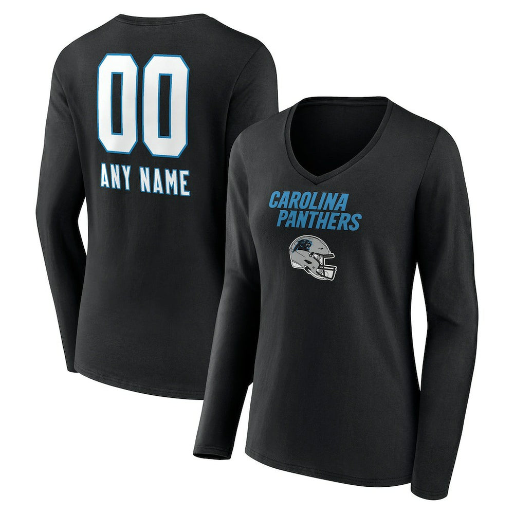 NFL Carolina Panthers Women's Personalized Name & Number Team Wordmark Long Sleeve V-Neck T-Shirt