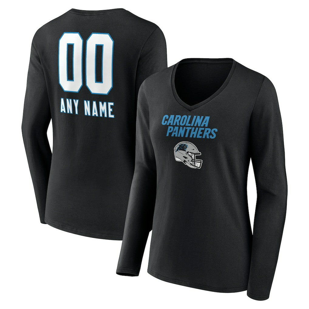 NFL Carolina Panthers Women's Personalized Name & Number Team Wordmark Long Sleeve V-Neck T-Shirt