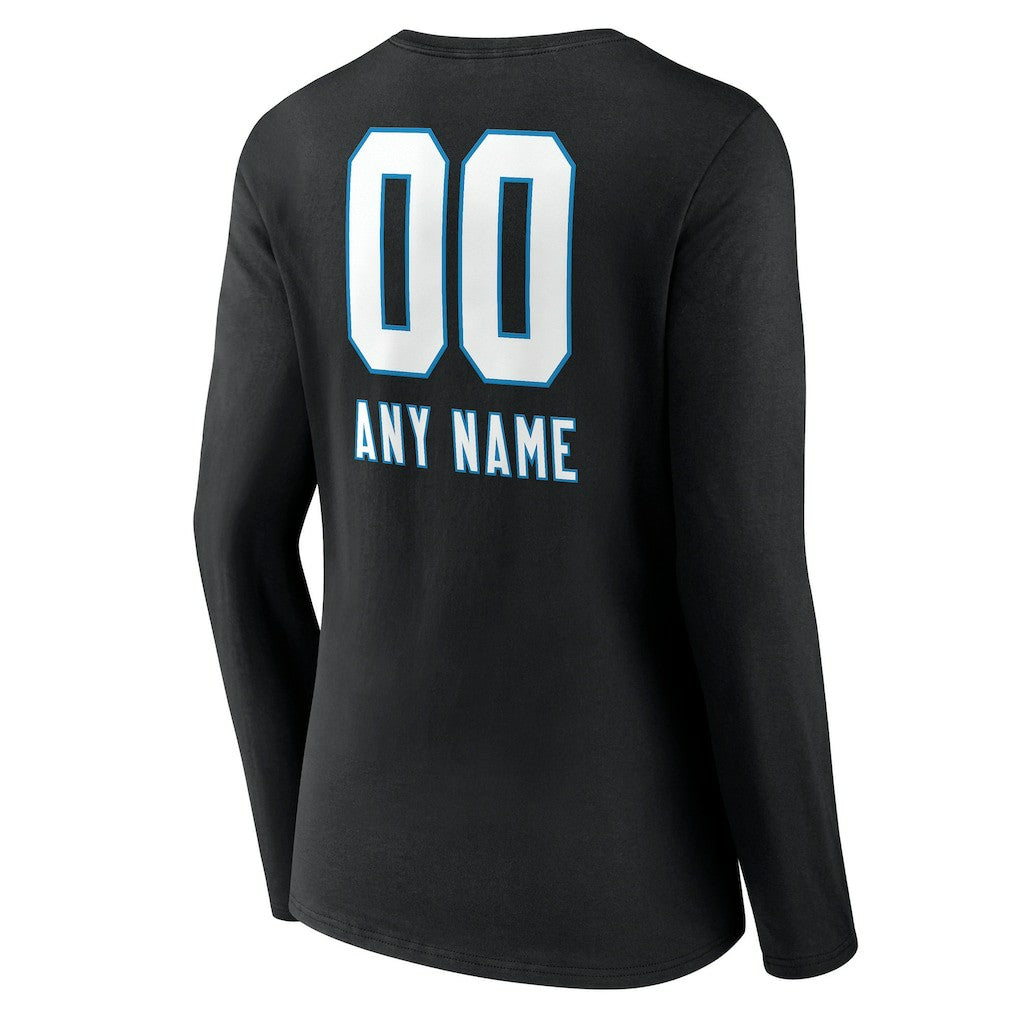 NFL Carolina Panthers Women's Personalized Name & Number Team Wordmark Long Sleeve V-Neck T-Shirt