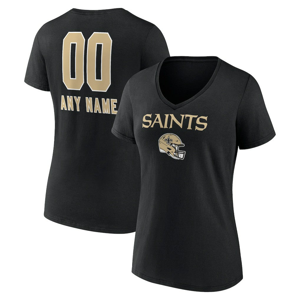 NFL New Orleans Saints Women's Personalized Name & Number Team Wordmark V-Neck T-Shirt