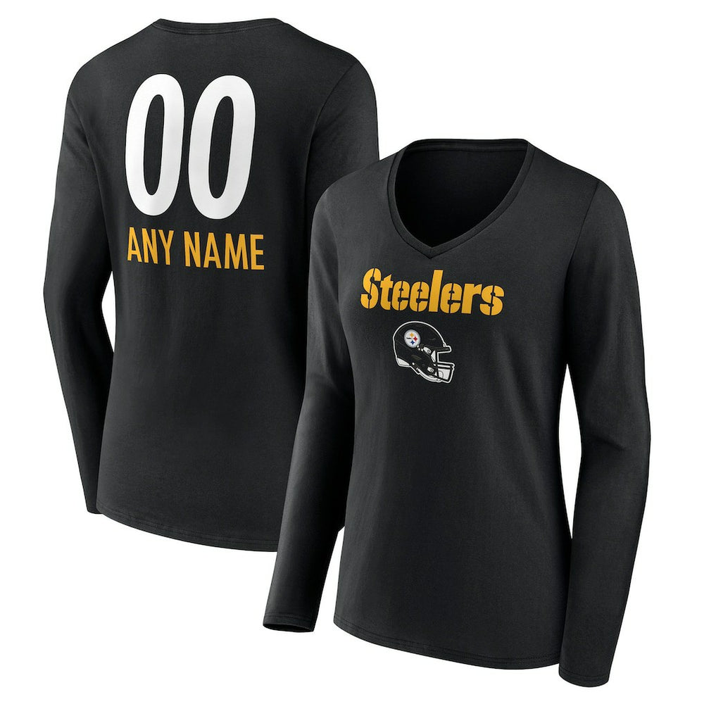 NFL Pittsburgh Steelers Women's Personalized Name & Number Team Wordmark Long Sleeve V-Neck T-Shirt