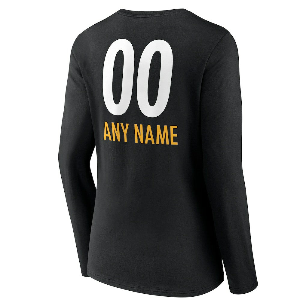 NFL Pittsburgh Steelers Women's Personalized Name & Number Team Wordmark Long Sleeve V-Neck T-Shirt