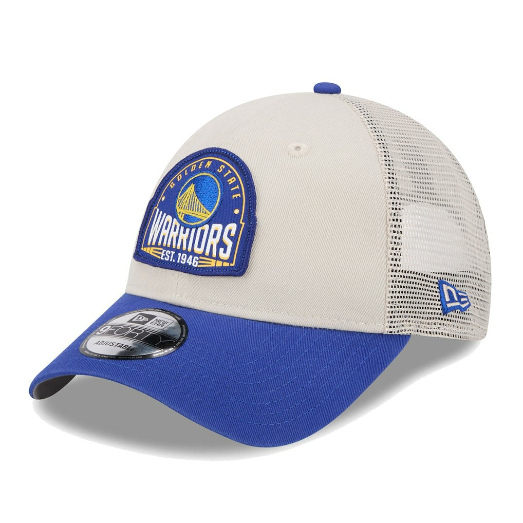 Golden State Warriors Throwback Patch Trucker 9FORTY Adjustable Hat sale - Khaki/Royal | New Era outlet