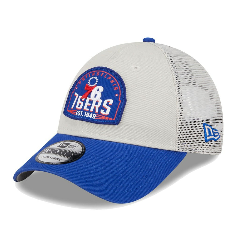 Philadelphia 76ers Throwback Patch Trucker 9FORTY Adjustable Hat - Khaki/Royal | New Era online