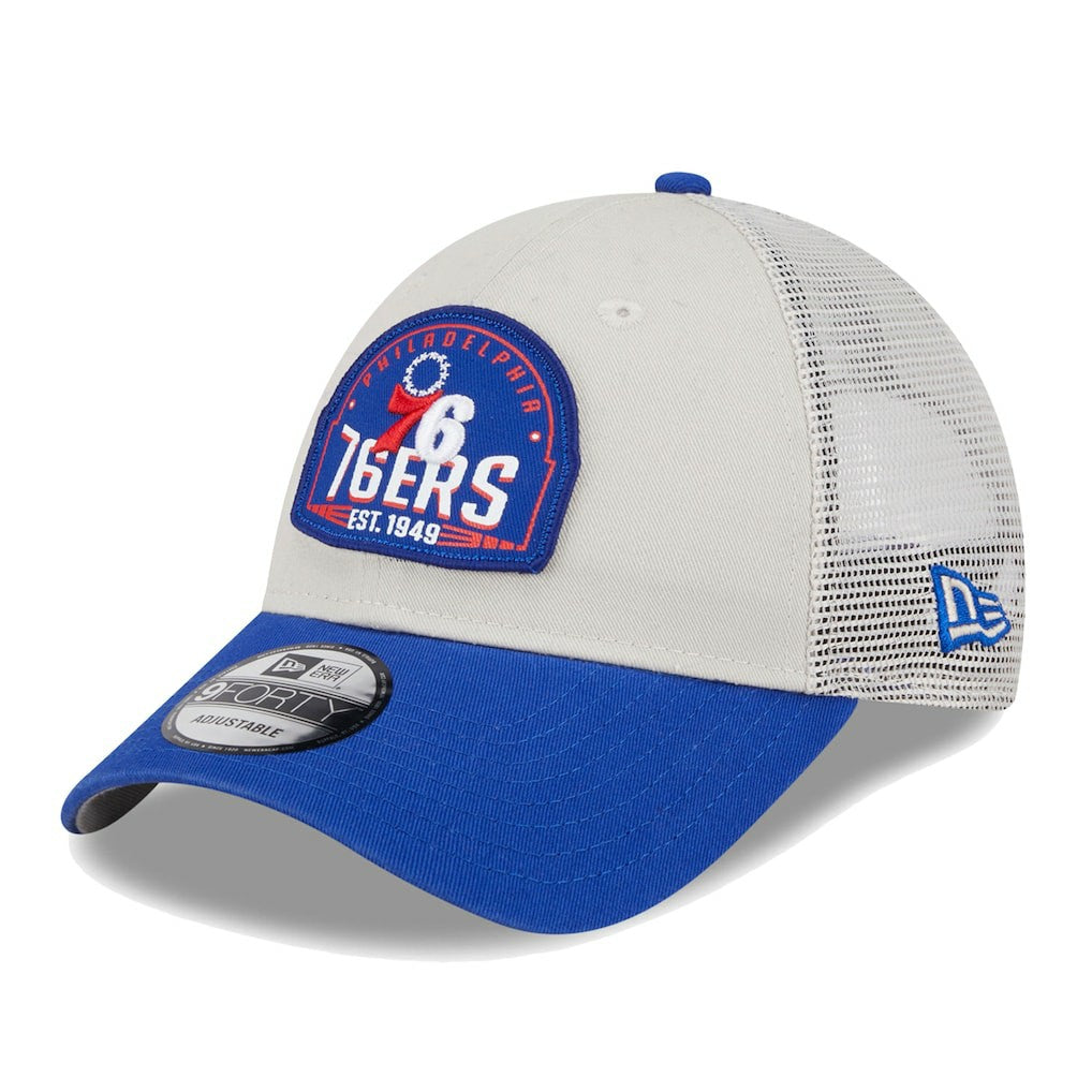 Philadelphia 76ers Throwback Patch Trucker 9FORTY Adjustable Hat - Khaki/Royal | New Era online