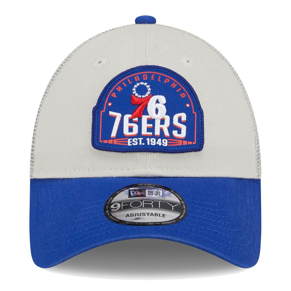 Philadelphia 76ers Throwback Patch Trucker 9FORTY Adjustable Hat - Khaki/Royal | New Era online