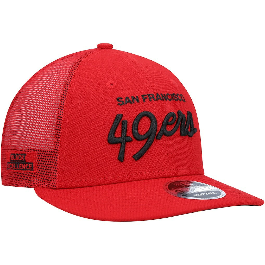 NFL San Francisco 49ers Black Excellence Collection Wordmark Trucker Low Profile 9FIFTY Snapback Hat