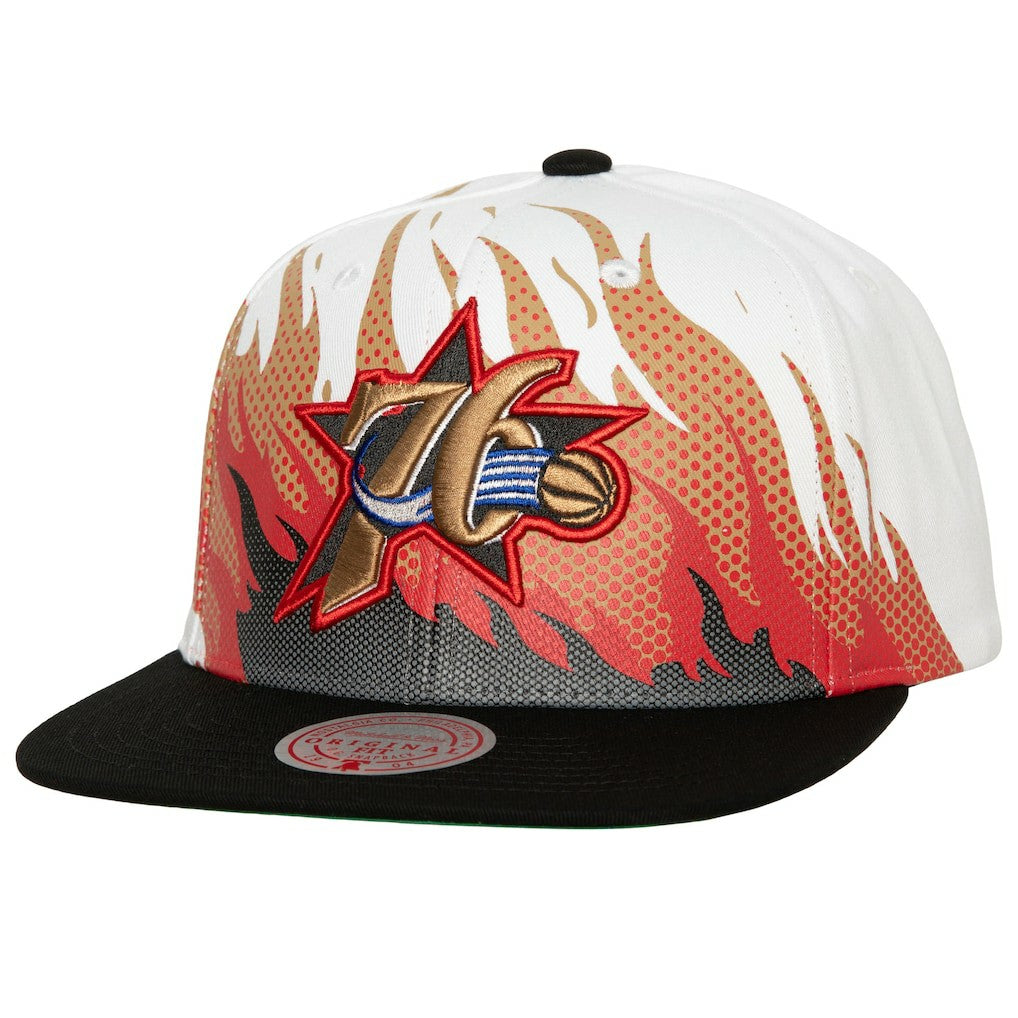 Philadelphia 76ers Hot Fire Snapback Hat - White | Mitchell & Ness sale