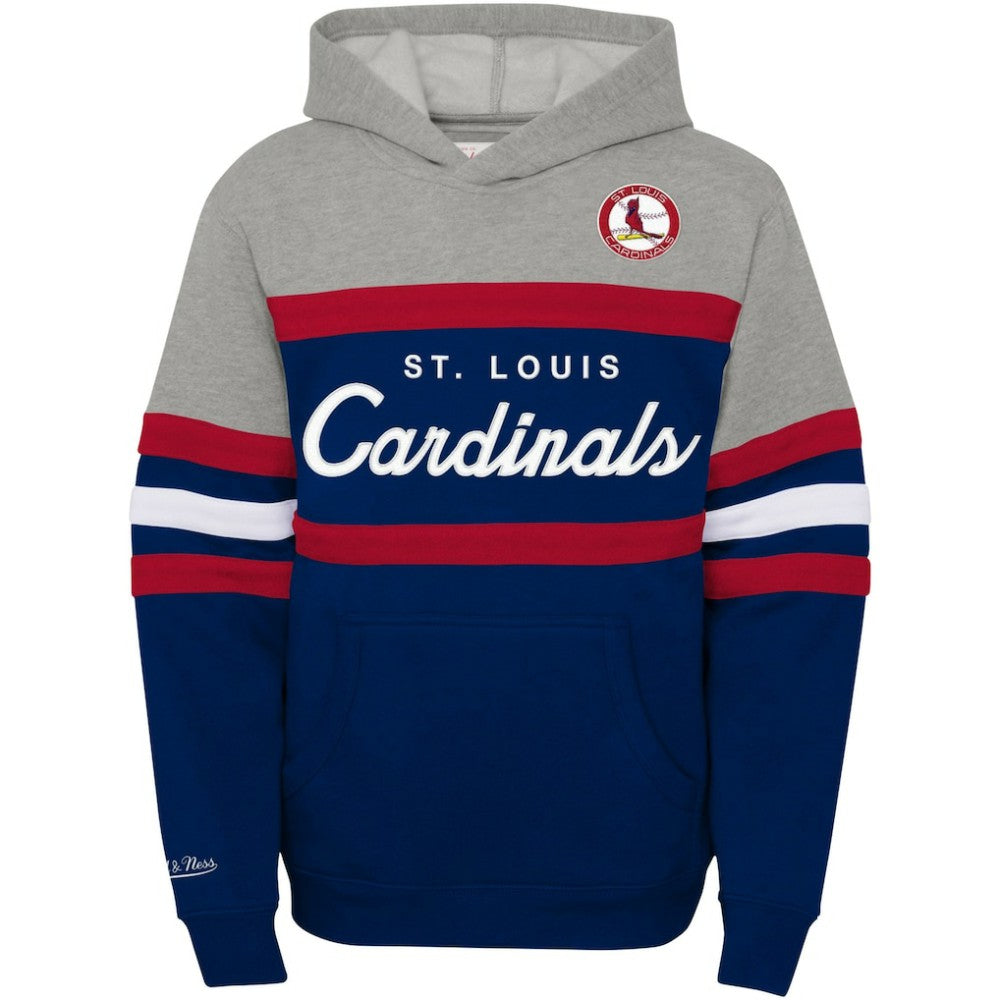 St. Louis Cardinals Youth Cooperstown Collection Head Coach Pullover Hoodie - Heather Gray/Navy | Mitchell & Ness