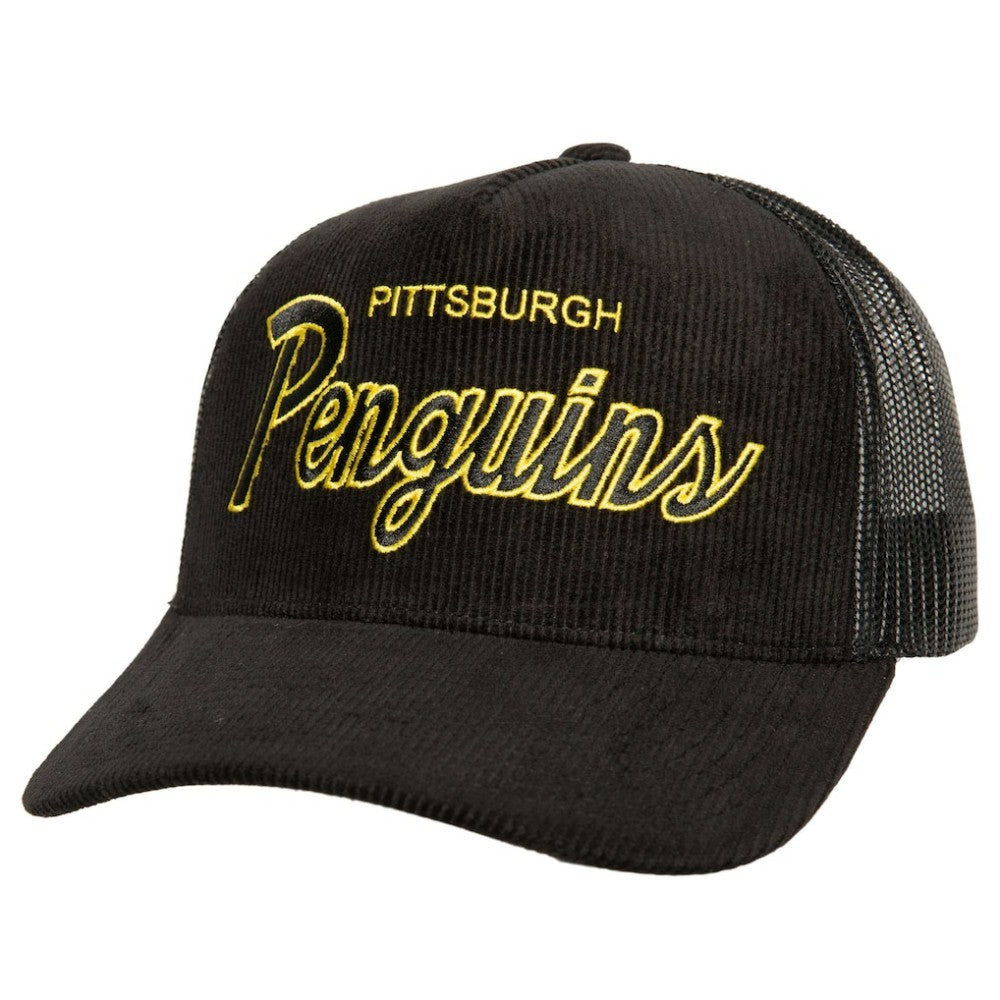 Pittsburgh Penguins Mitchell & Ness Times Up Classic Script Cord Trucker Adjustable Hat