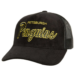 Pittsburgh Penguins Mitchell & Ness Times Up Classic Script Cord Trucker Adjustable Hat