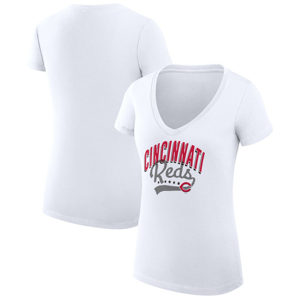 Cincinnati Reds G-III 4Her by Carl Banks Women's Super-Slim Fit Lightweight Filigree Team V-Neck T-Shirt - White