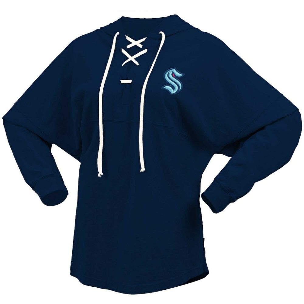 Seattle Kraken Fanatics Women's Jersey Lace-Up V-Neck Long Sleeve Hoodie T-Shirt