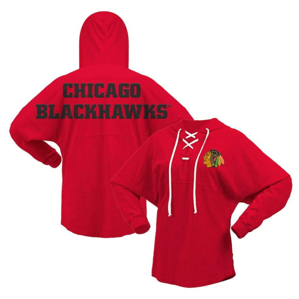Chicago Blackhawks Fanatics Women's Jersey Lace-Up V-Neck Long Sleeve Hoodie T-Shirt