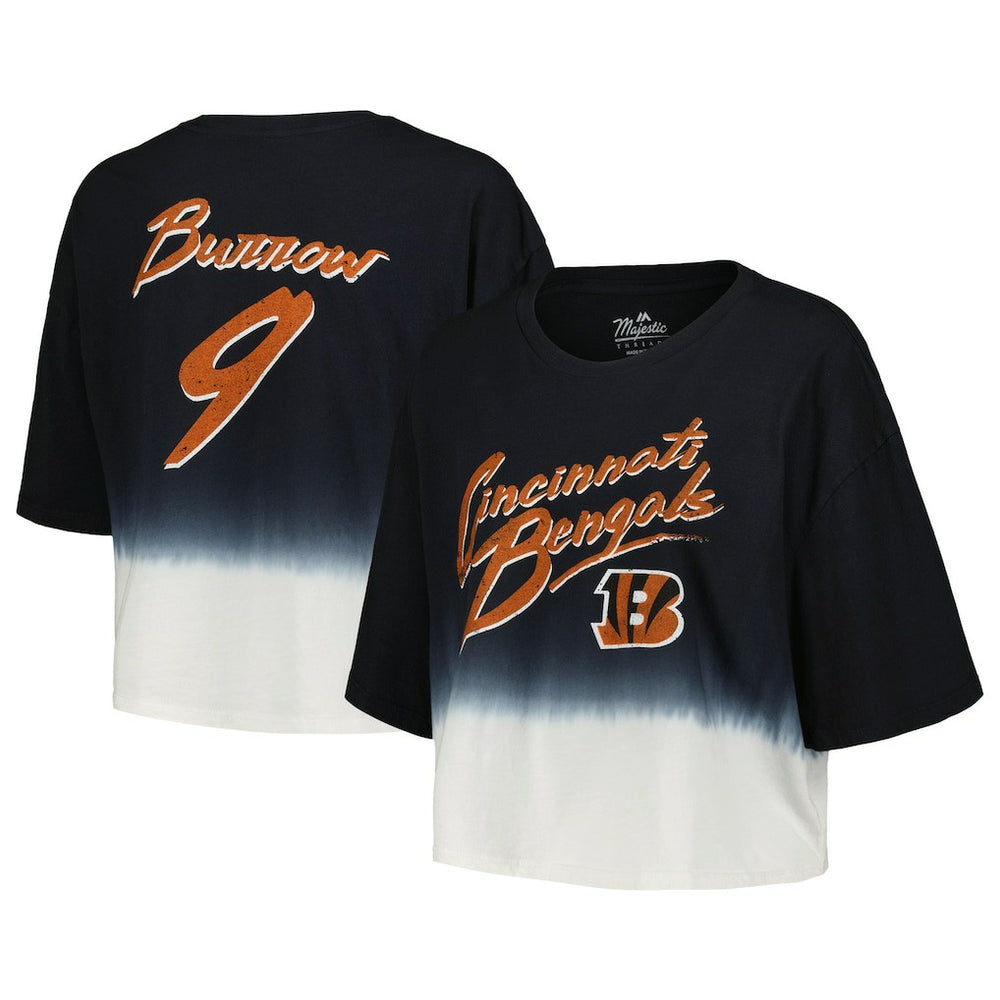NFL Cincinnati Bengals Joe Burrow  Majestic Threads Women's Dip-Dye Player Name & Number Crop Top