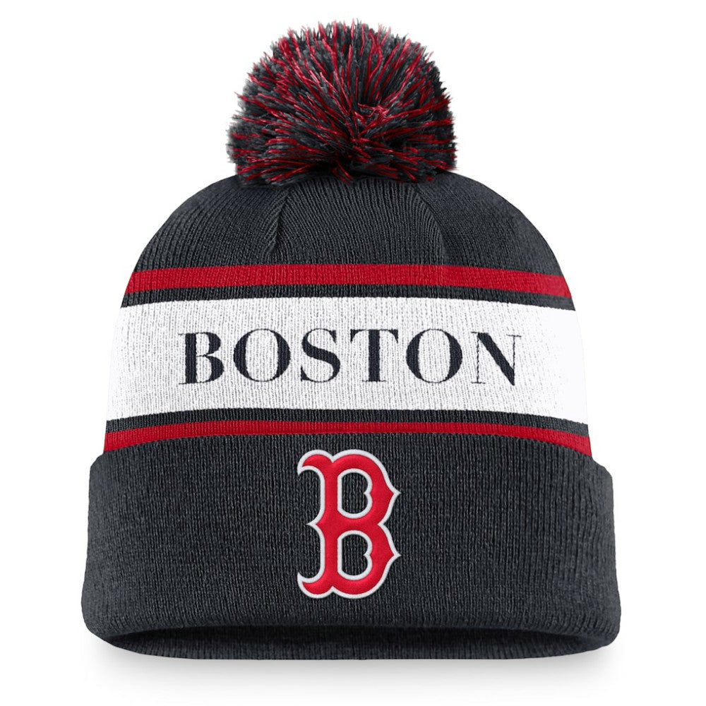 Boston Red Sox Team Stripe Peak Cuffed Knit Hat with Pom - Navy | Nike