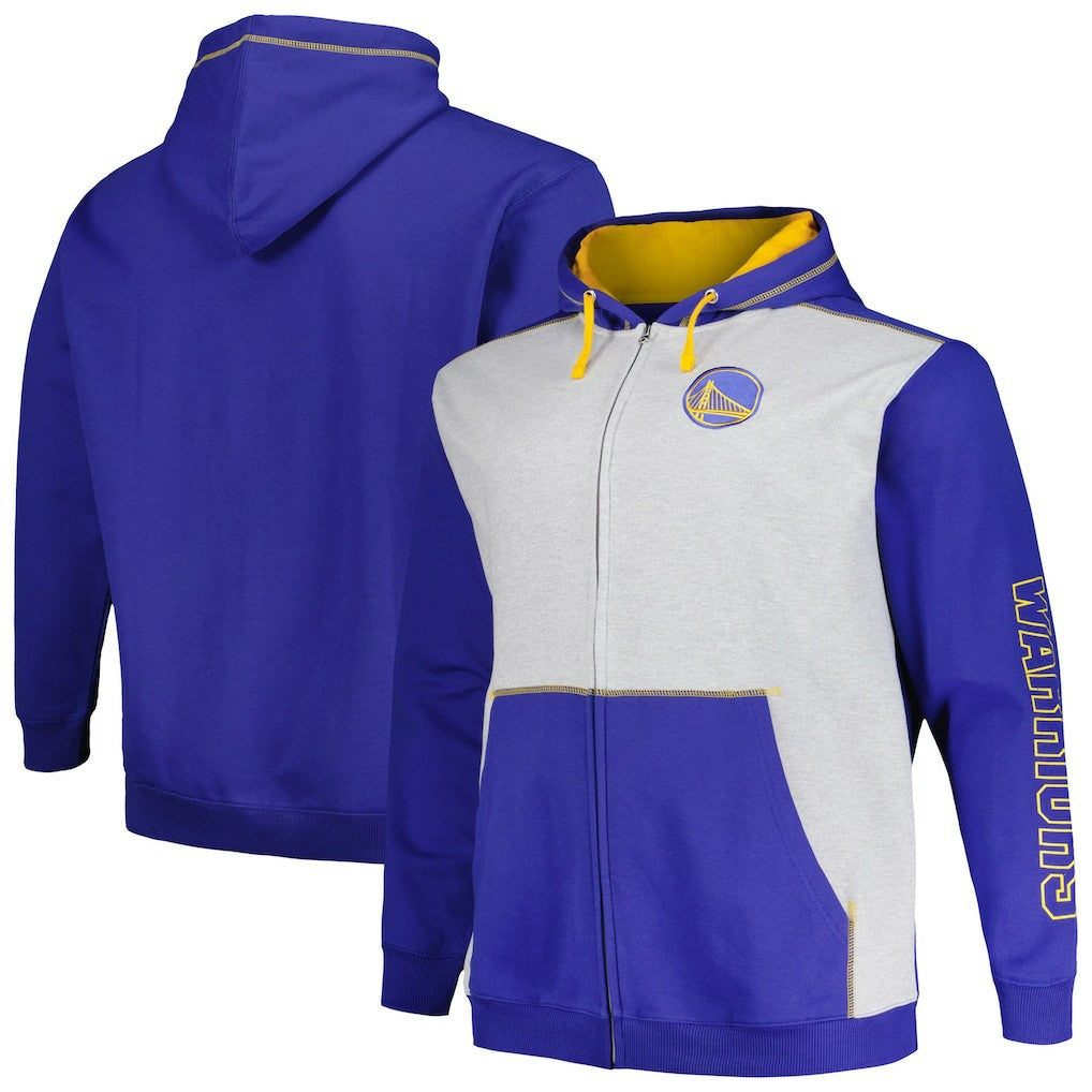 Golden State Warriors Big & Tall Contrast Pieced Stitched Full-Zip Hoodie sale - Royal/Heather Gray | Fanatics outlet