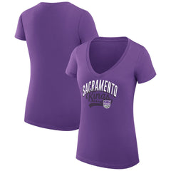 Sacramento Kings G-III 4Her by Carl Banks Women's Super-Slim Fit Lightweight Filigree Logo V-Neck T-Shirt - Purple on sale