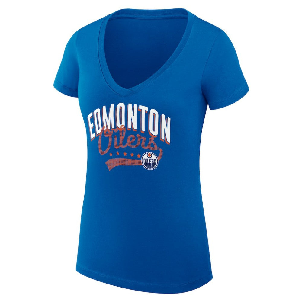Edmonton Oilers G-III 4Her by Carl Banks Women's Super-Slim Fit Lightweight Filigree Logo V-Neck T-Shirt – Royal