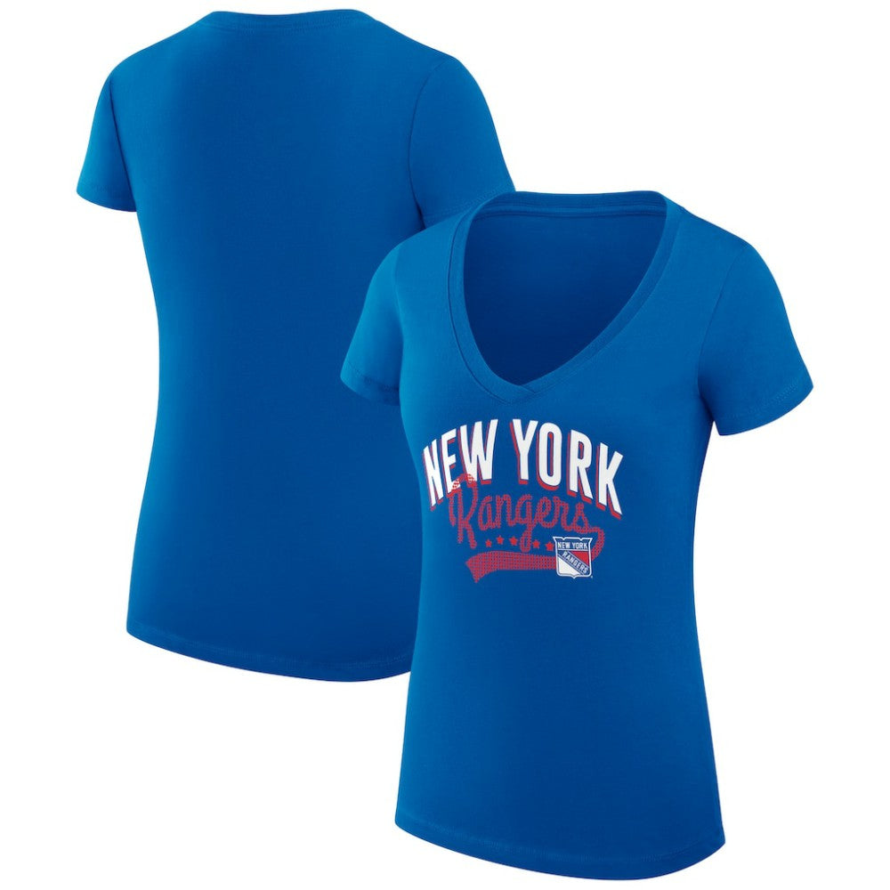 New York Rangers G-III 4Her by Carl Banks Women's Super-Slim Fit Lightweight Filigree Logo V-Neck T-Shirt – Blue