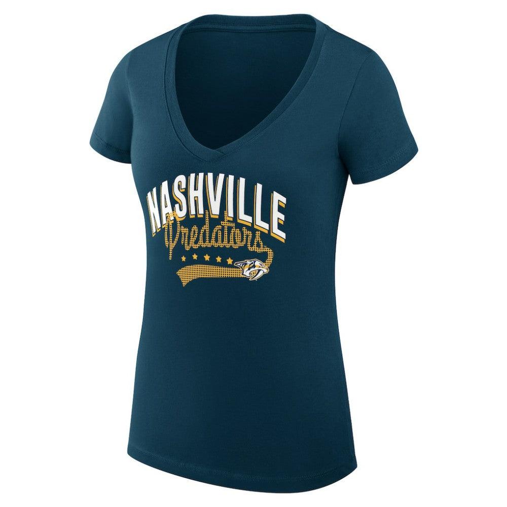Nashville Predators G-III 4Her by Carl Banks Women's Super-Slim Fit Lightweight Filigree Logo V-Neck T-Shirt – Navy