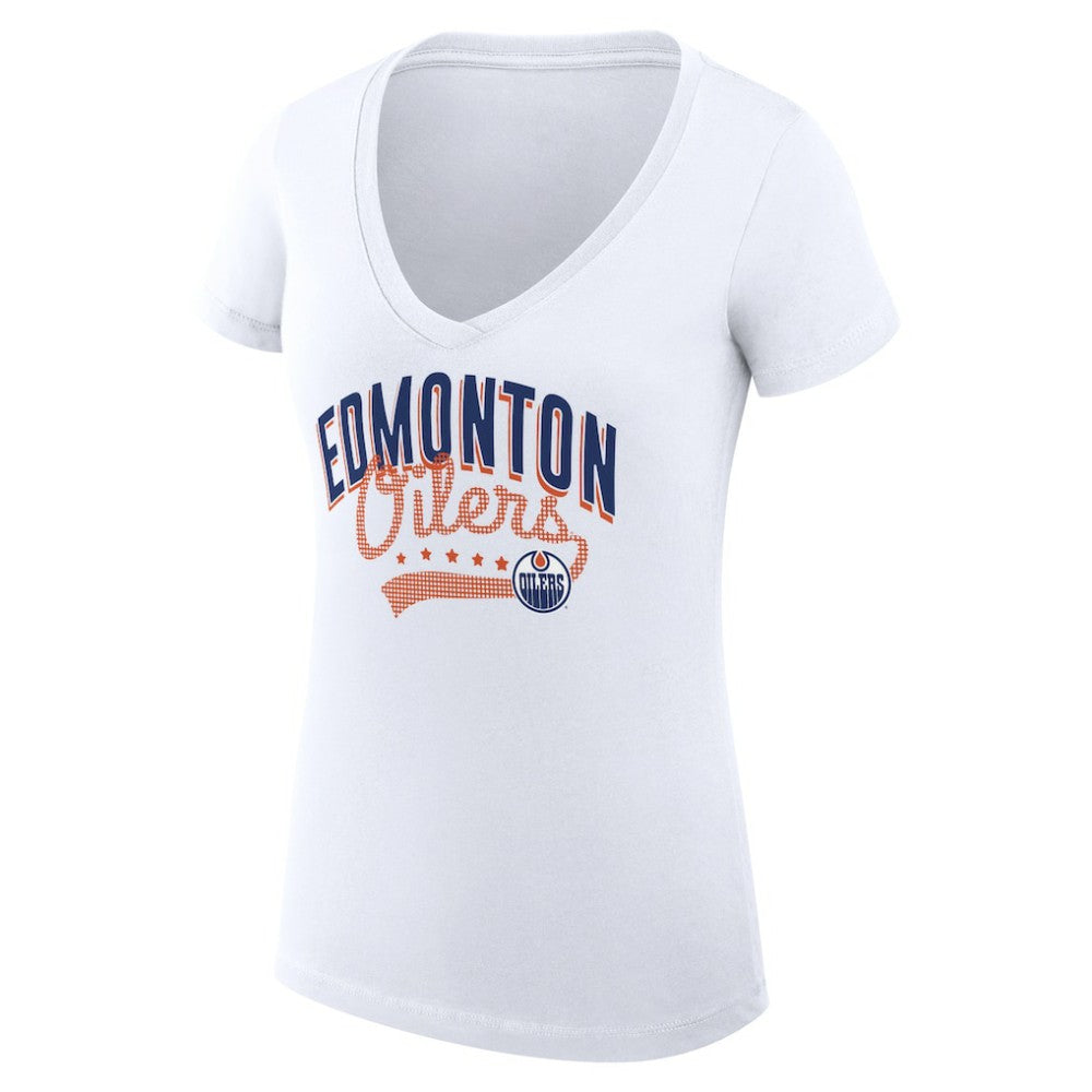 Edmonton Oilers G-III 4Her by Carl Banks Women's Super-Slim Fit Lightweight Filigree Logo V-Neck T-Shirt – White