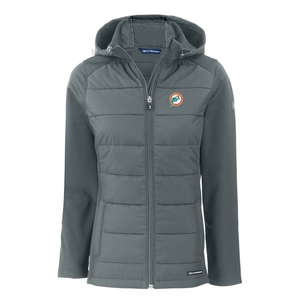 NFL Miami Dolphins Cutter & Buck Women's Throwback Evoke Hybrid Eco Softshell Recycled Full-Zip Hoodie Jacket