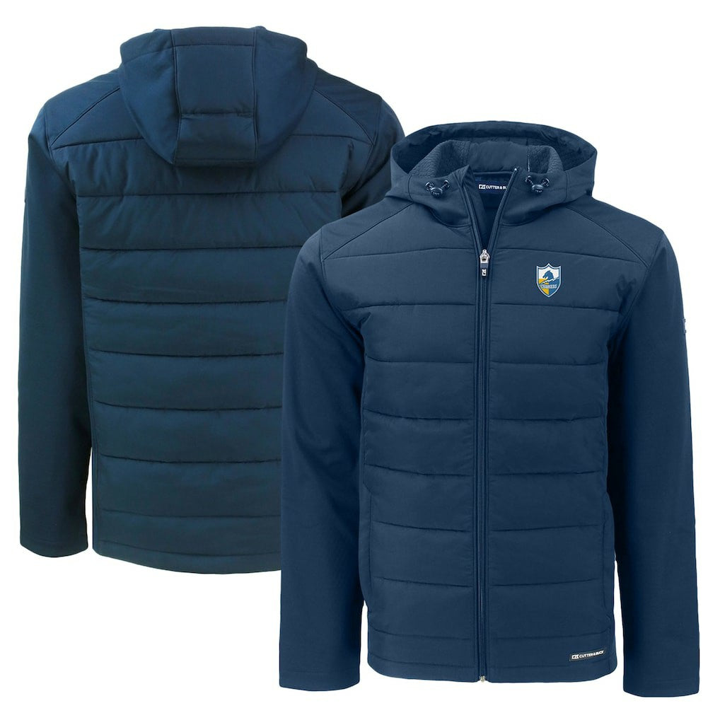 NFL Los Angeles Chargers Cutter & Buck Throwback Evoke Hybrid Eco Softshell Recycled Full-Zip Hoodie Jacket
