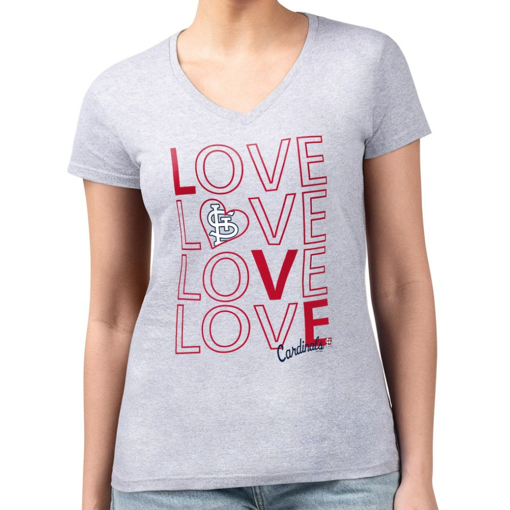 St. Louis Cardinals G-III 4Her by Carl Banks Women's Super-Slim Fit Lightweight Love Graphic Team V-Neck T-Shirt - Heather Gray