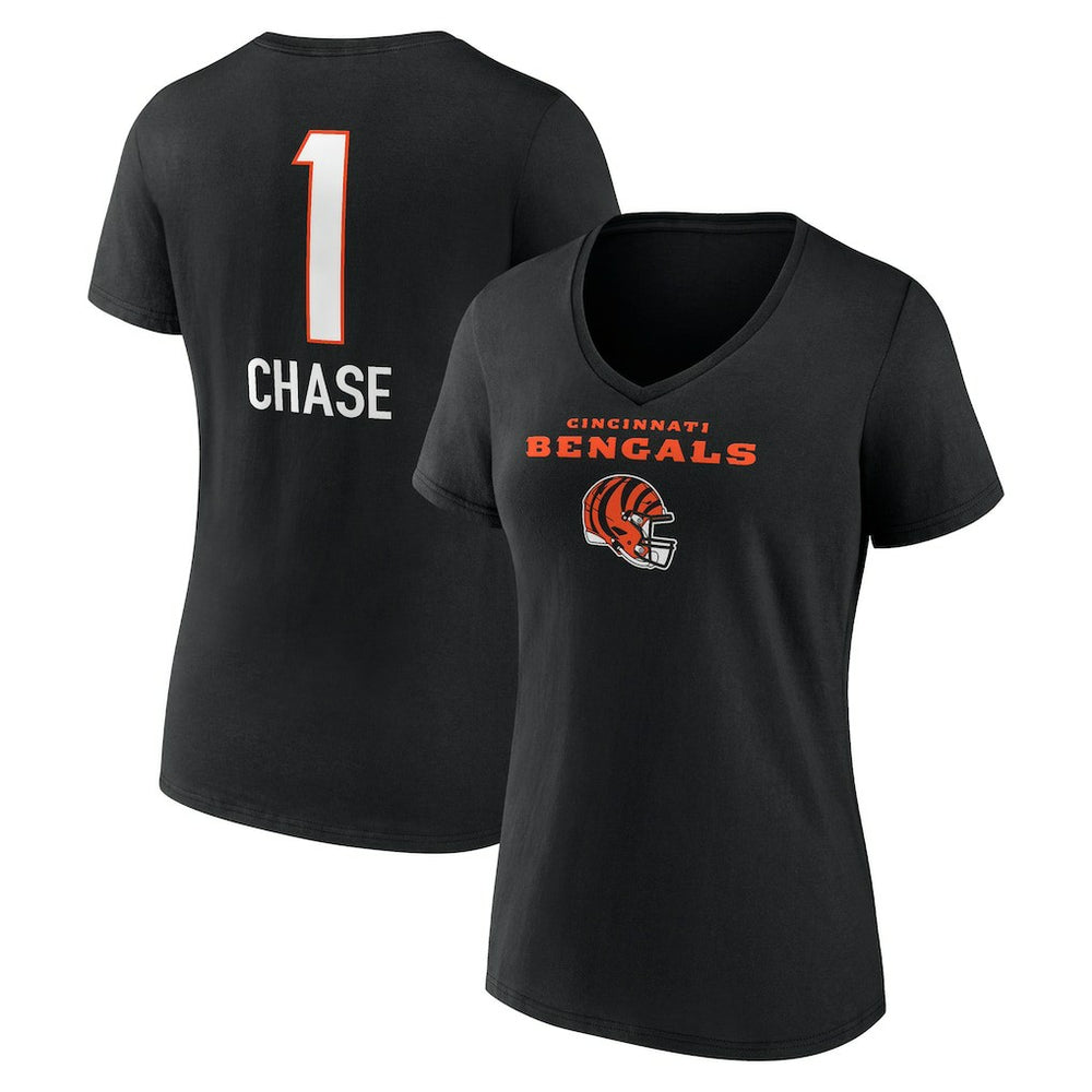 NFL Cincinnati Bengals Ja'Marr Chase  Women's Team Wordmark Player Name & Number V-Neck T-Shirt