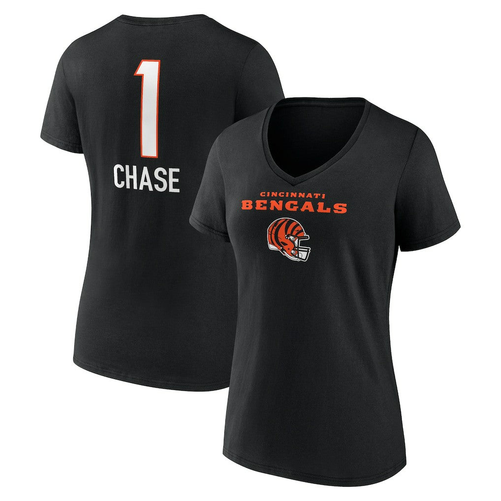 NFL Cincinnati Bengals Ja'Marr Chase  Women's Team Wordmark Player Name & Number V-Neck T-Shirt