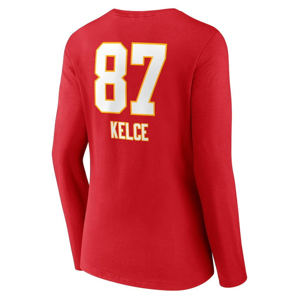 NFL Kansas City Chiefs Travis Kelce  Women's Team Wordmark Player Name & Number Long Sleeve V-Neck T-Shirt