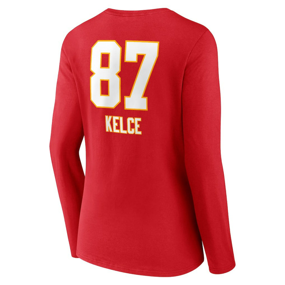 NFL Kansas City Chiefs Travis Kelce  Women's Team Wordmark Player Name & Number Long Sleeve V-Neck T-Shirt