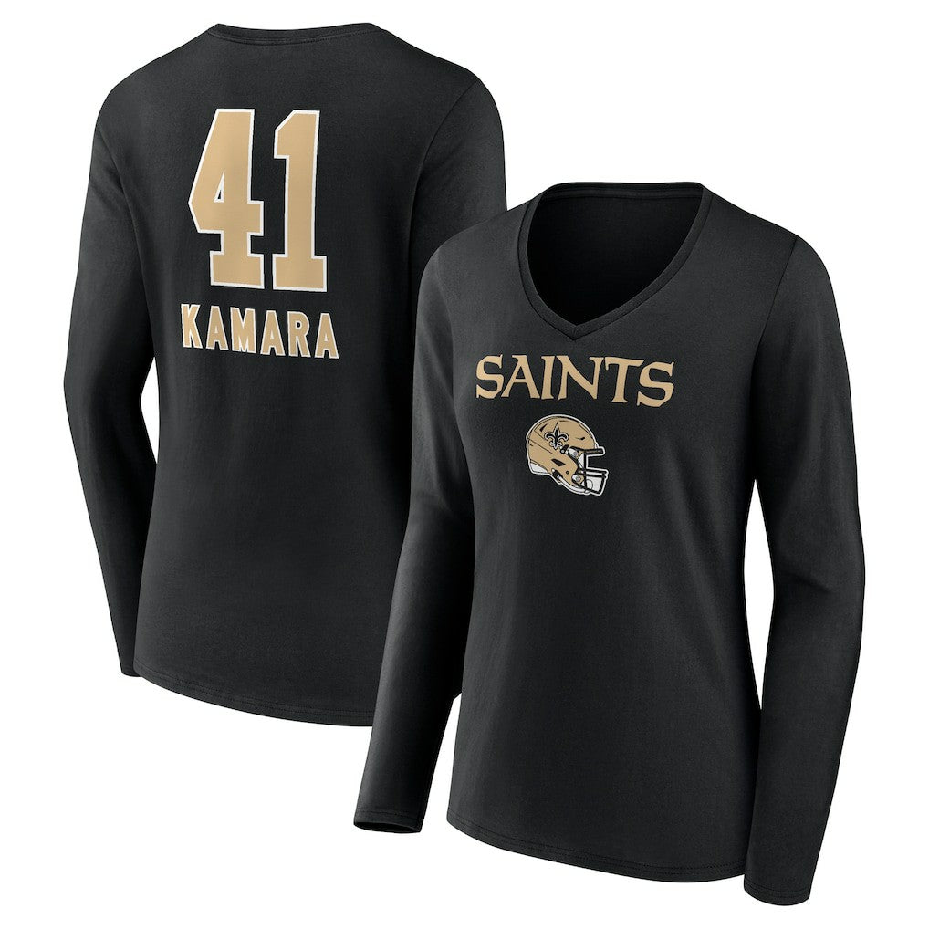 NFL New Orleans Saints Alvin Kamara  Women's Team Wordmark Player Name & Number Long Sleeve V-Neck T-Shirt