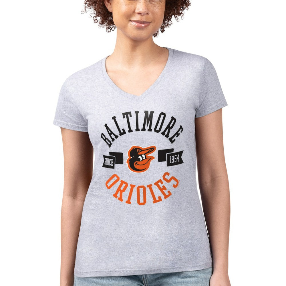 Baltimore Orioles G-III 4Her by Carl Banks Women's Super-Slim Fit Lightweight City Graphic V-Neck T-Shirt - Heather Gray
