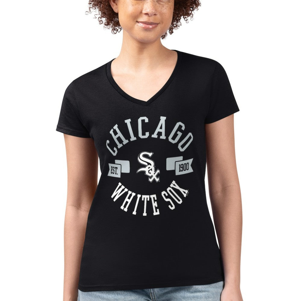 Chicago White Sox G-III 4Her by Carl Banks Women's Super-Slim Fit Lightweight City Graphic V-Neck T-Shirt - Black