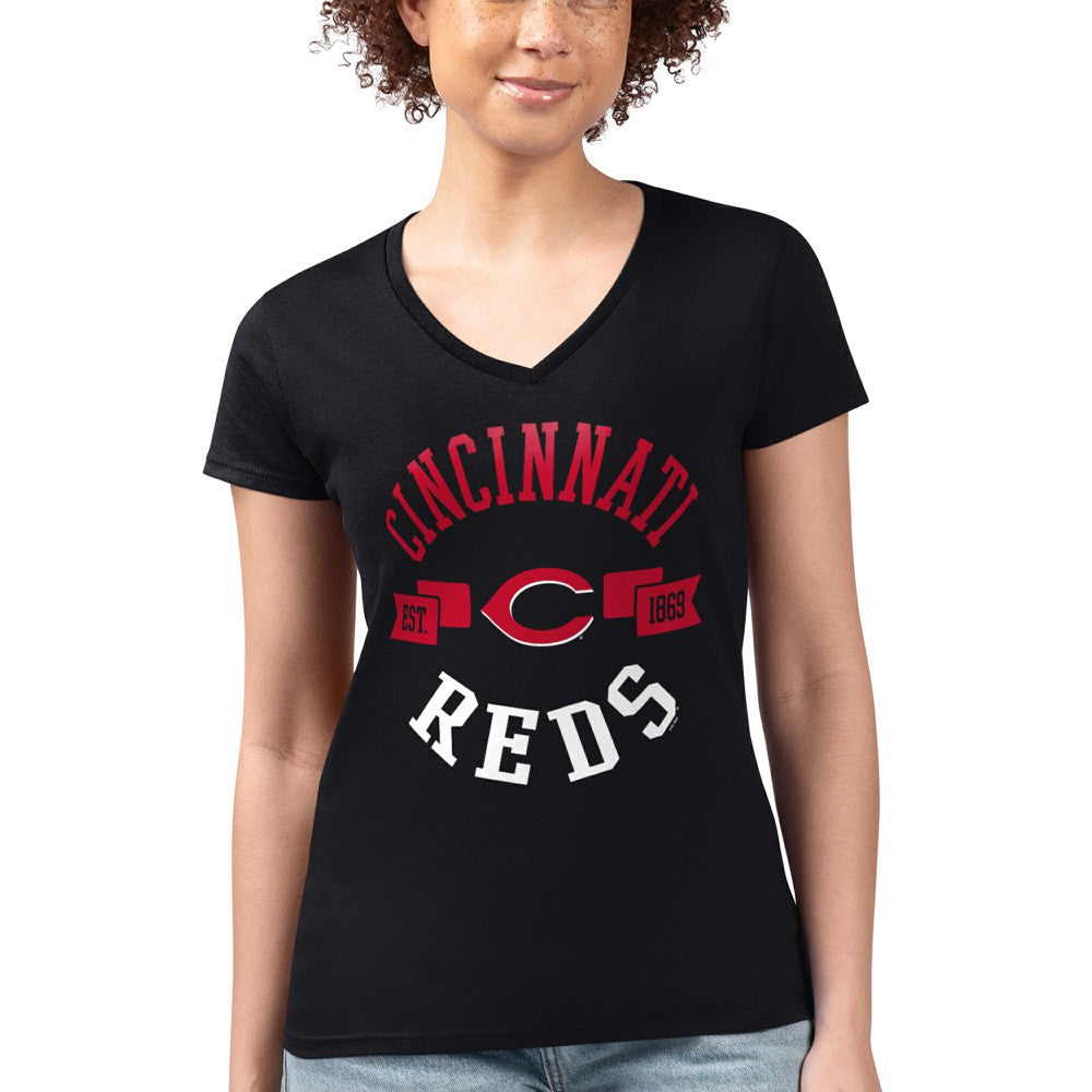 Cincinnati Reds G-III 4Her by Carl Banks Women's Super-Slim Fit Lightweight City Graphic V-Neck T-Shirt - Black