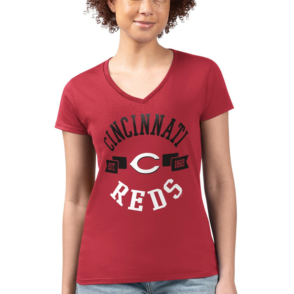 Cincinnati Reds G-III 4Her by Carl Banks Women's Super-Slim Fit Lightweight City Graphic V-Neck T-Shirt - Red