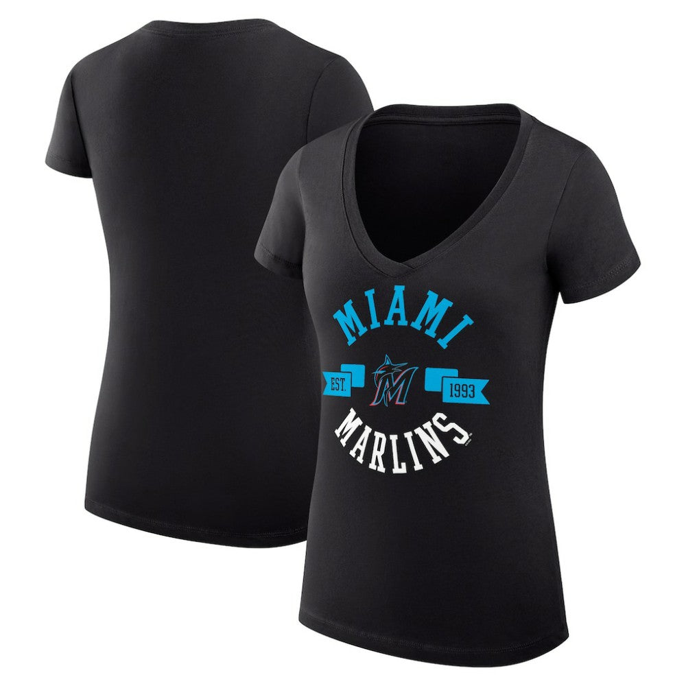 Miami Marlins G-III 4Her by Carl Banks Women's Super-Slim Fit Lightweight City Graphic V-Neck T-Shirt - Black