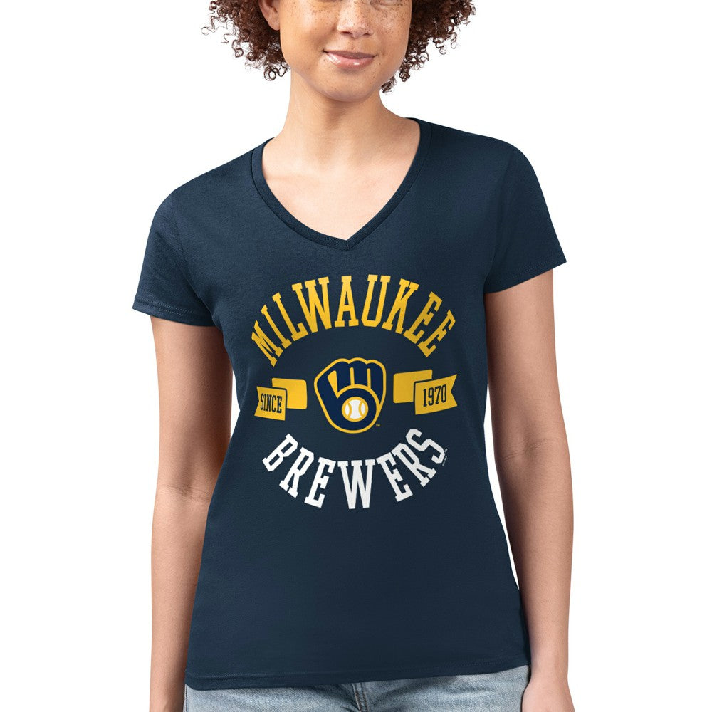 Milwaukee Brewers G-III 4Her by Carl Banks Women's Super-Slim Fit Lightweight City Graphic V-Neck T-Shirt - Navy
