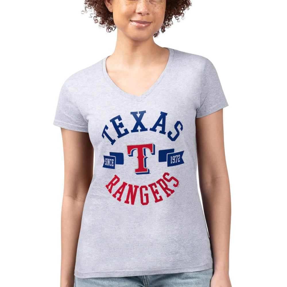 Texas Rangers G-III 4Her by Carl Banks Women's Super-Slim Fit Lightweight City Graphic V-Neck T-Shirt - Heather Gray