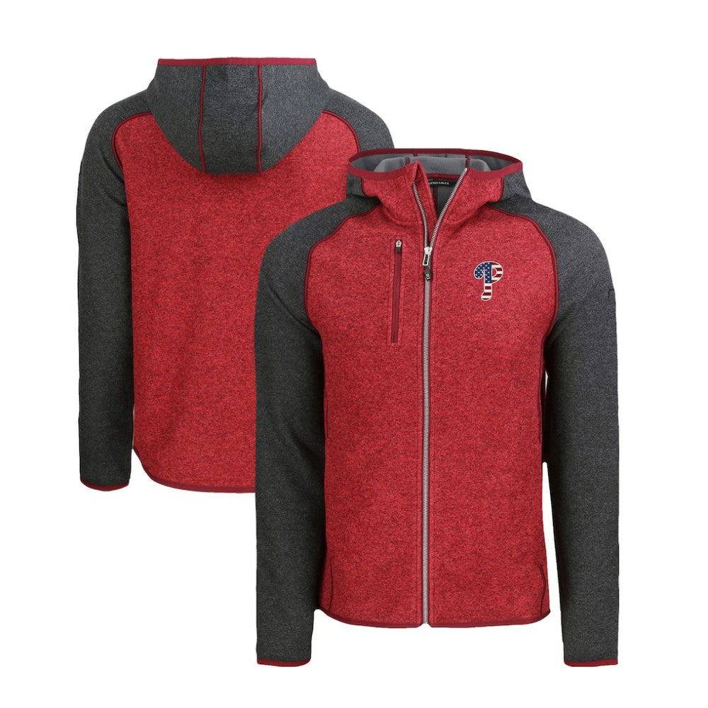 Philadelphia Phillies Cutter & Buck Stars & Stripes Mainsail Sweater-Knit Full-Zip Hoodie - Heather Red/Heather Charcoal
