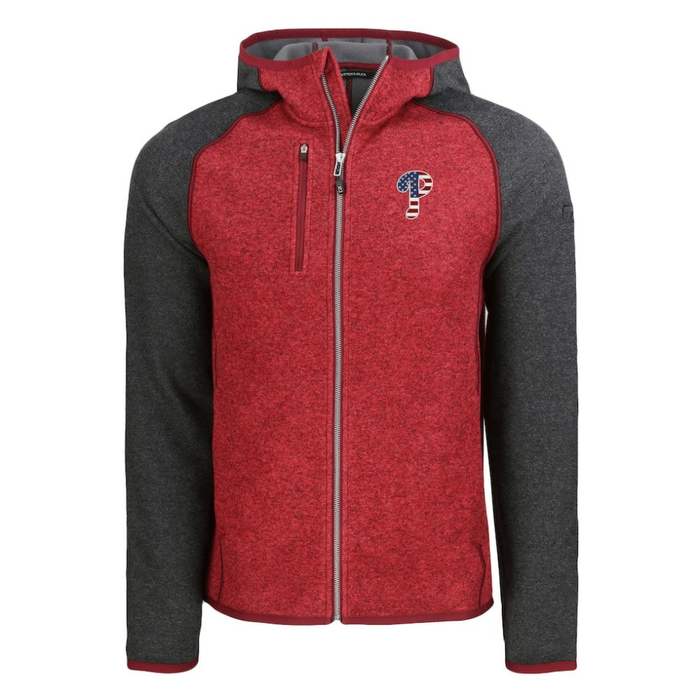 Philadelphia Phillies Cutter & Buck Stars & Stripes Mainsail Sweater-Knit Full-Zip Hoodie - Heather Red/Heather Charcoal