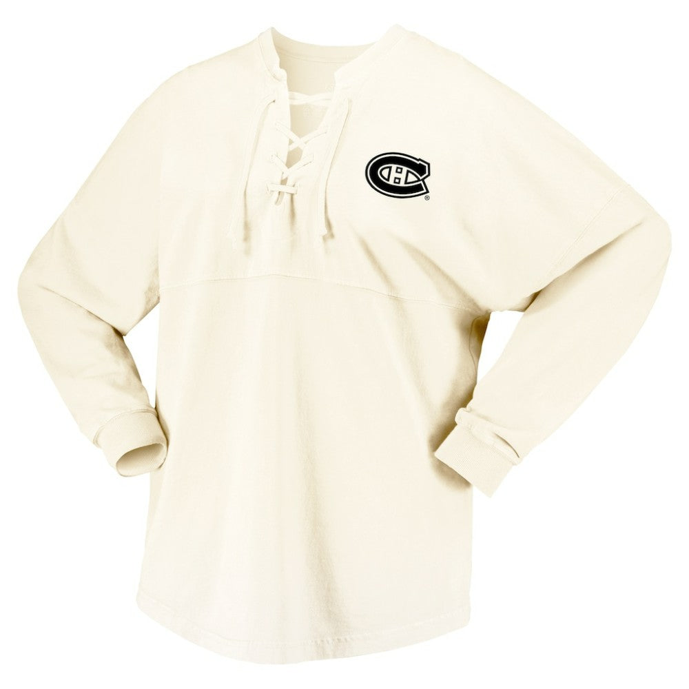 Montreal Canadiens Fanatics Women's Original Six Lace-Up Spirit Jersey Long Sleeve T-Shirt