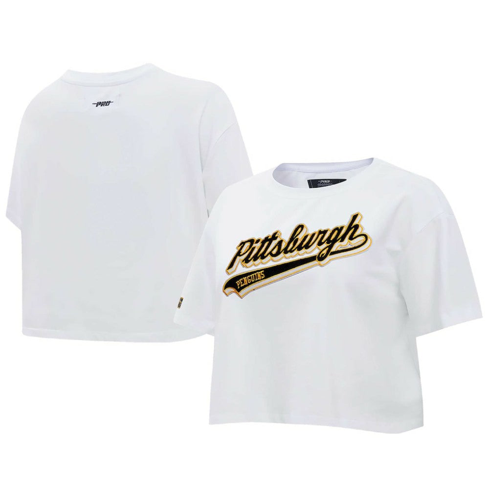Pittsburgh Penguins Pro Standard Women's Boxy Script Tail Cropped T-Shirt