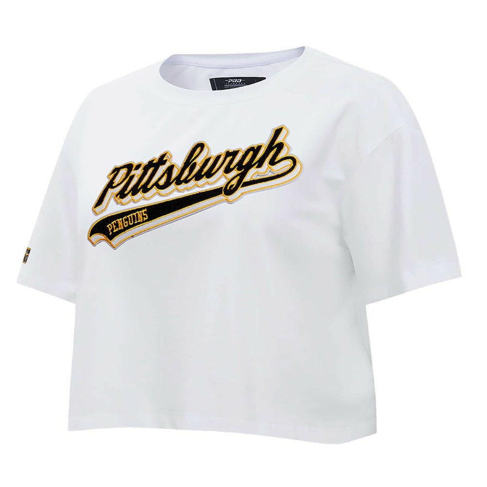 Pittsburgh Penguins Pro Standard Women's Boxy Script Tail Cropped T-Shirt