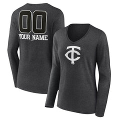 Minnesota Twins Women's Personalized Monochrome Name & Number Long Sleeve V-Neck T-Shirt - Charcoal